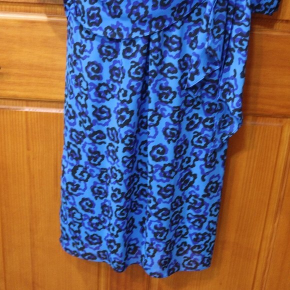 Vintage Royal Blue Black Floral Print Long Sleeve Knee Length Dress 1980s USA - Picture 6 of 15